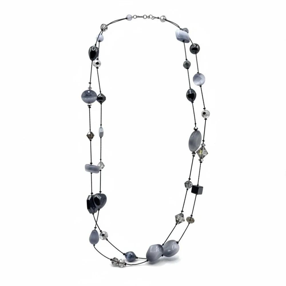 Fairy‎ Goth Beaded Long Double Strand Necklace Dabby Reid Grey Black Glass Resin